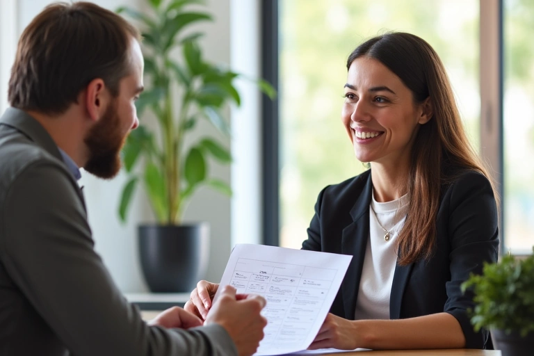 A nutritionist consulting with a client in a modern, bright office setting, discussing a personalized diet plan.