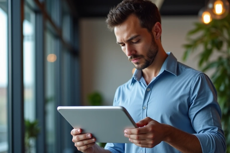 Person reading terms and conditions on a tablet, looking thoughtful and serious.